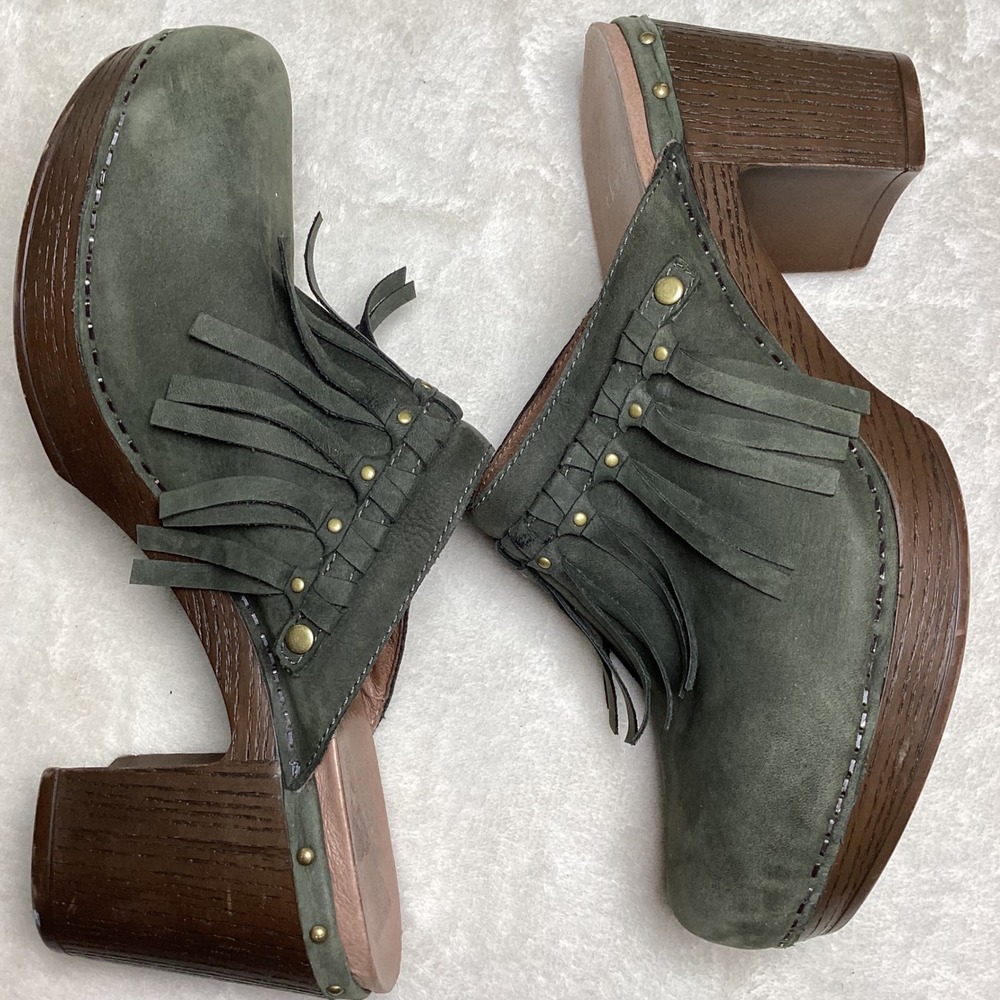 Dansko Maria Olive Green Nubuck Leather Fringe Clog Mules Studded Platform 42 - Picture 6 of 9